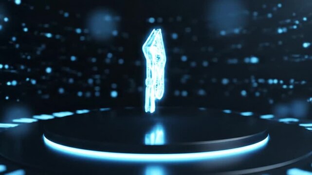 A video showcasing a glowing neon graduation cap on a futuristic platform with a dark background and blue lights
