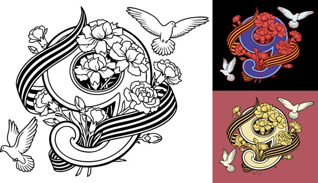 Stylized vector illustration of a symbolic ribbon combined with blooming flowers and doves in flight. Black and white ornamental composition representing remembrance, peace and honor. Suitable for mem