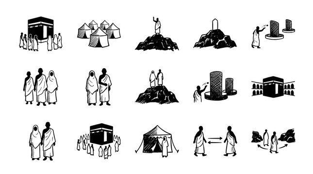 Glyph icon pack of islamic pilgrimage hajj vector elements for eid al adha graphic design featuring kaaba tawaf, mina tents, mount arafat, jamarat, and muslim pilgrims in ihram.