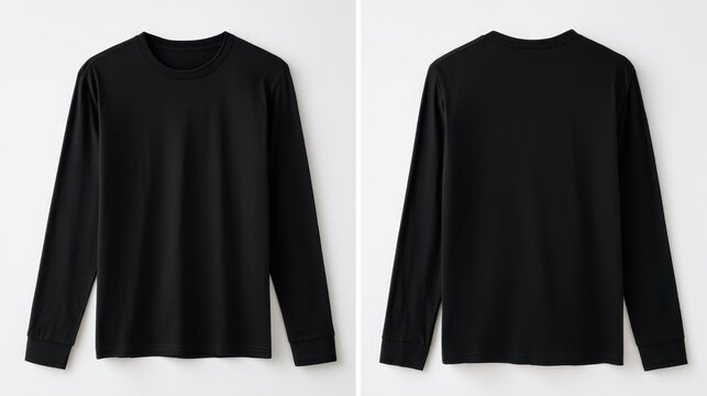 Studio product photo: black long-sleeve tee displayed from front and rear on clean white surface