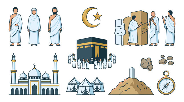 Flat line art islamic hajj vector set for eid al adha celebration showing pilgrims in ihram, kaaba, mosque, mina tents, mount arafat, jamarat stoning, crescent moon and compass.