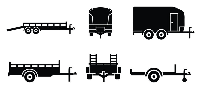 Collection of diverse utility and cargo trailer icons for logistics and freight transportation graphics and applications