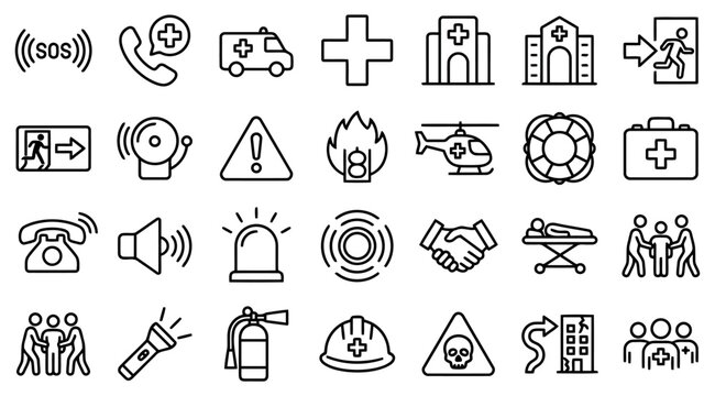 icon set in modern clean line style representing emergency, safety, rescue, and crisis response concepts