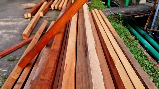 Close up of Long Sawn Timber Beams for Roof Framework and Industrial Construction Foundation