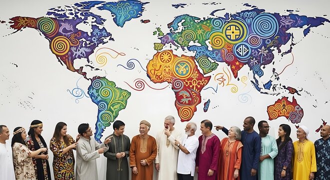 Diverse group of people in front of a colorful world map mural