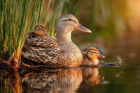 Tender moment: mother duck cradling her duckling by a tranquil pond