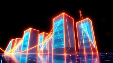 Fototapeta premium Neon cityscape glows brightly. Futuristic buildings connected by vibrant light lines. Dark background emphasizes glowing structures.