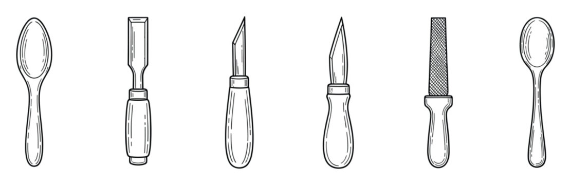 Assortment of essential woodworking hand tools including chisel carving knives rasp and spoons for craft projects