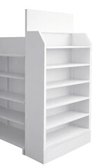 3D Render of Blank White DoubleSided Retail Floor Display Rack with Header POS Mockup © AKHMADFAIZUL