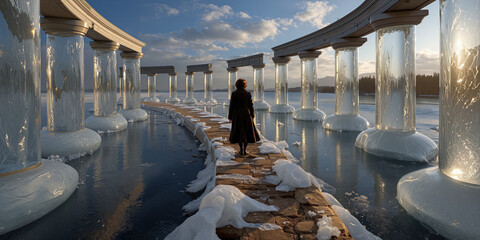 Naklejka premium Solitary person dressed warmly advances along frozen track at twilight amid translucent towers