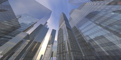 Skyscrapers, high-rise buildings from below against the background of the sky, cityscape, panorama of skyscrapers, 3D rendering © ustas