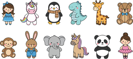 Cute kawaii cartoon character set with animals and girls including unicorn panda dinosaur and bunny in flat vector style © md siam ali 