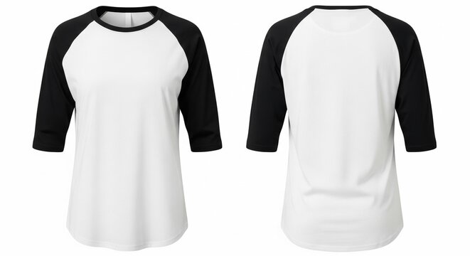 Front and back view of a plain white raglan sleeve t-shirt with black sleeves isolated on white