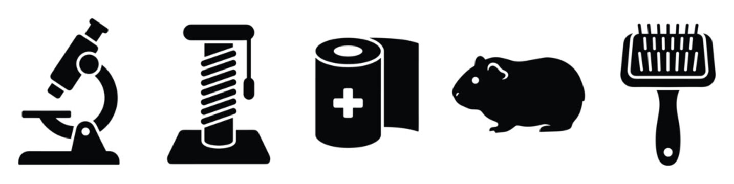 Collection of animal care, veterinary, and scientific icons for pet supplies and medical equipment