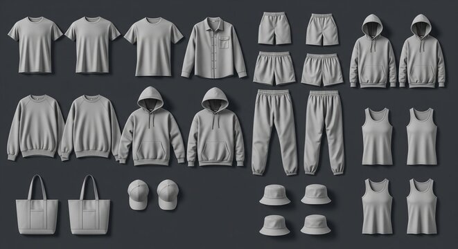 Gray clothing set including t-shirts hoodies shorts pants tank tops bags and hats.