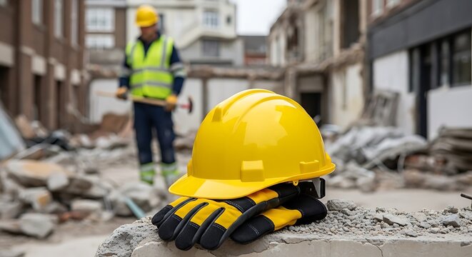 Yellow hard hat and work gloves on construction site rubble with worker in background