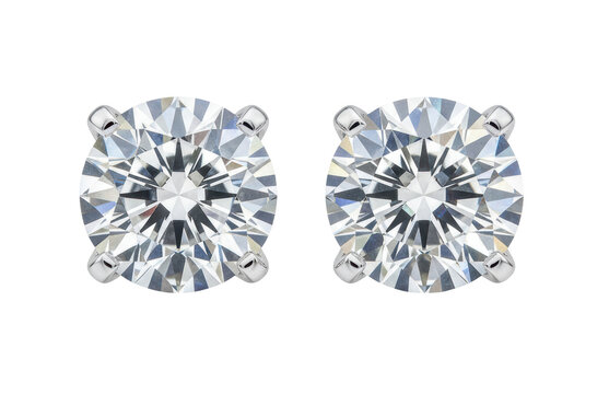 Pair of brilliant round cut diamond stud earrings in silver prong setting cutout isolated on transparent background. Luxurious jewelry accessories with sparkling gemstones.