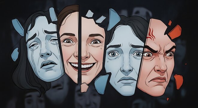Faces morph from sad to angry in stylized illustration, fragments showing emotion