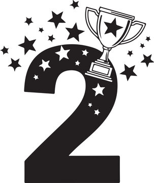 Second place trophy, winner number 2, star award, black and white vector