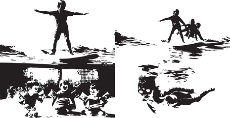 Obraz premium Surfing, surfers, black silhouettes, vector icons, water sports graphics