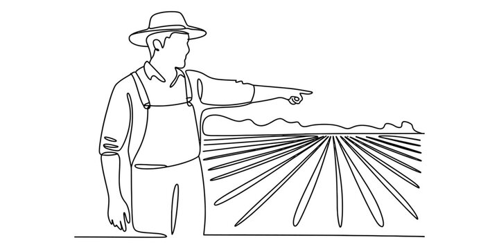 Continuous line drawing of a farmer in a hat and overalls pointing at a large crop field. Vector, illustration