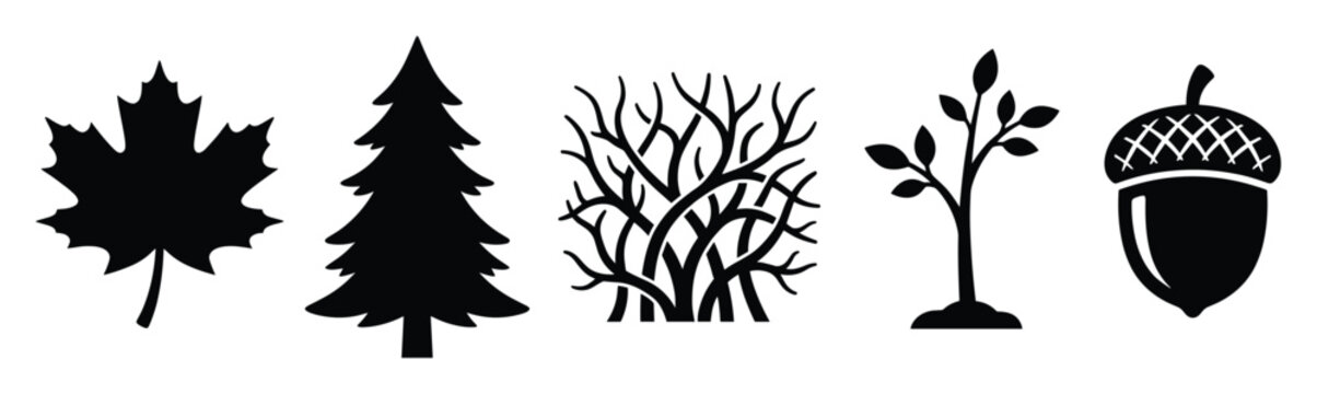 Assortment of versatile tree, leaf, and acorn silhouettes providing essential natureinspired design elements for various outdoor themes