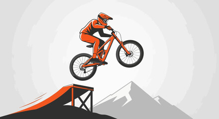 Naklejka premium Orange Mountain Biker Soaring Through Air Over Ramp