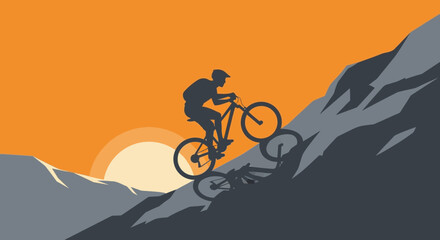 Obraz premium Mountain Biker Silhouette Ascending Rocky Trail During Golden Sunset Adventure
