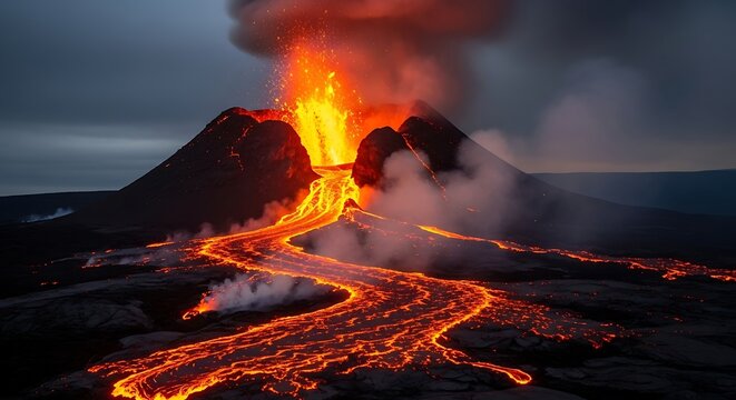 A large volcano erupting with lava flowing down its side