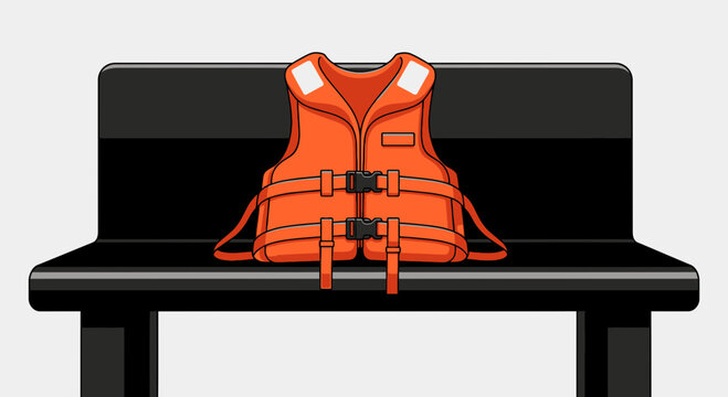 Orange Life Vest Resting On A Modern Black Bench