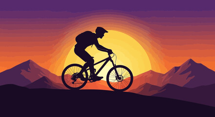 Obraz premium Mountain Biking Silhouette Against Vibrant Sunset Over Mountainous Terrain