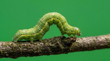 Obraz premium A bright green inchworm caterpillar walking along a brown twig.