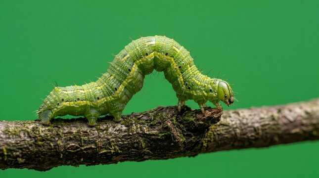 A bright green inchworm caterpillar walking along a brown twig.