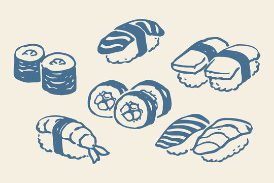 Sushi set naive doodle vector illustration