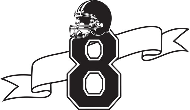American football number 8, sports illustration, black and white, vector graphic, football jersey number