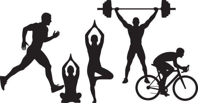 Fitness icons, sport silhouettes, exercise illustrations, workout graphics, black vector set