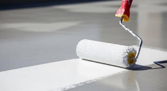 White paint roller applying fresh white paint on smooth surface