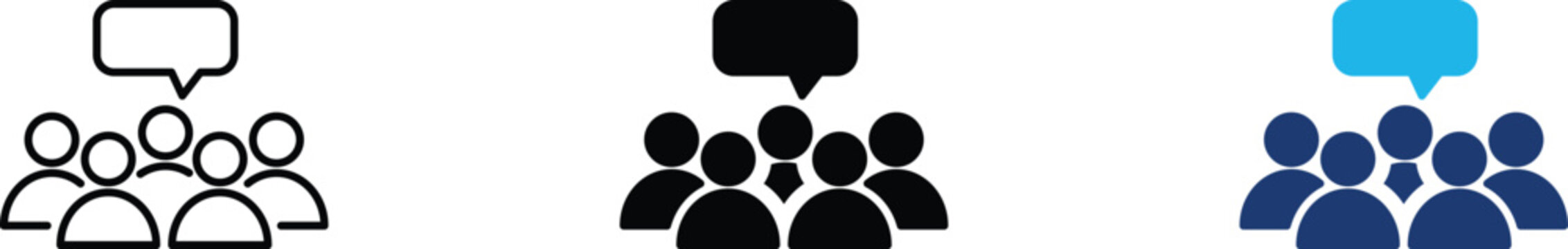 Public discourse icon showing professional group feedback and collective community messaging. Professional illustration for public opinion surveys, and stakeholder consultation meetings.