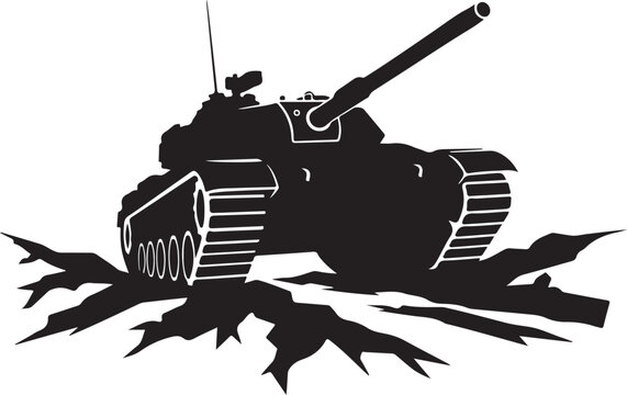 Black tank silhouette, military vehicle icon, armored warfare symbol, destructive power graphics