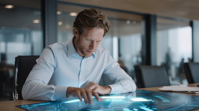 Biotech startup founder presenting an organ-on-chip prototype to investors in a glass-walled boardroom, the palm-sized device projecting a holographic tissue layer diagram above th