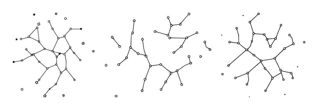Constellation map set with stylized astronomical elements featuring stars, nebulae, galaxies with celestial bodies and cosmic design