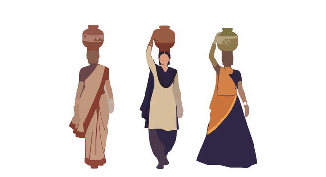 Minimal Indian rural women carrying jars on head vector illustration traditional lifestyle isolated on white