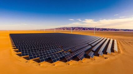Fototapeta premium Sustainable energy production with solar panels and wind turbines in a vast desert environment with mountains in the background