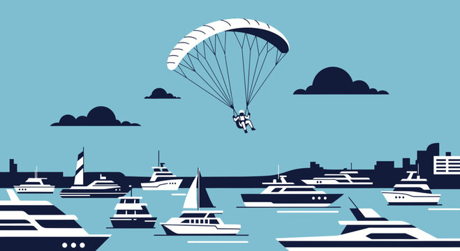 Paragliding Above A Harbor Filled With Luxury Yachts And Cityscape