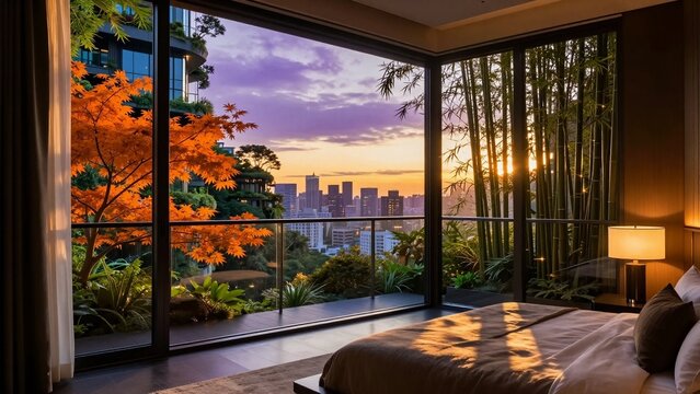 Modern luxury bedroom interior with large windows overlooking a city skyline at sunset with autumn maple and bamboo trees