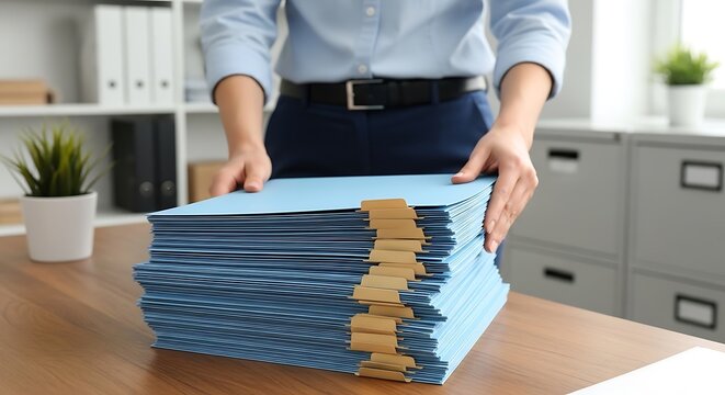 Person holding stack of blue folders with cardboard tabs on wooden desk