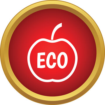 Red circular button displaying white apple outline with eco text on isolated background