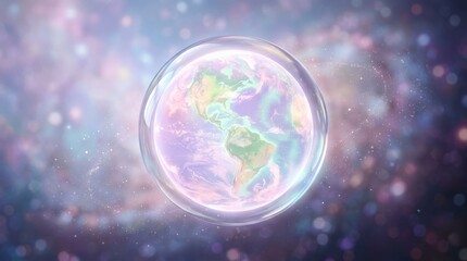 Fototapeta premium A holographic planet icon in pastel tones, smooth spherical form, luminous reflections, glossy transparent finish, dreamy cosmic mood, ultra-realistic, no logos.