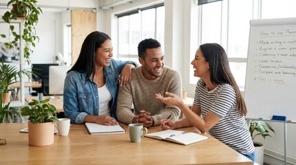 Fototapeta premium Three young adults smiling together in a casual office setting, natural camaraderie, relaxed posture, fresh collaborative atmosphere, ultra-realistic, no logos.