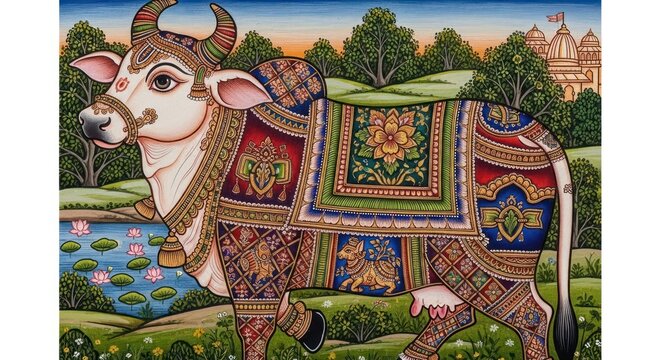 Ornate Indian Cow Decorated with Traditional Patterns and Temple Background.